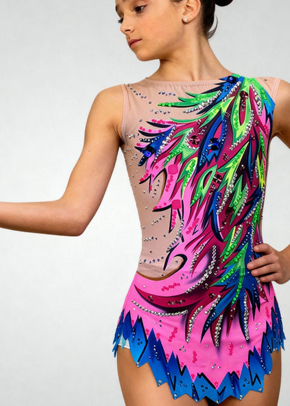maillot gimnasia ritmica rosa fluor verde y azul