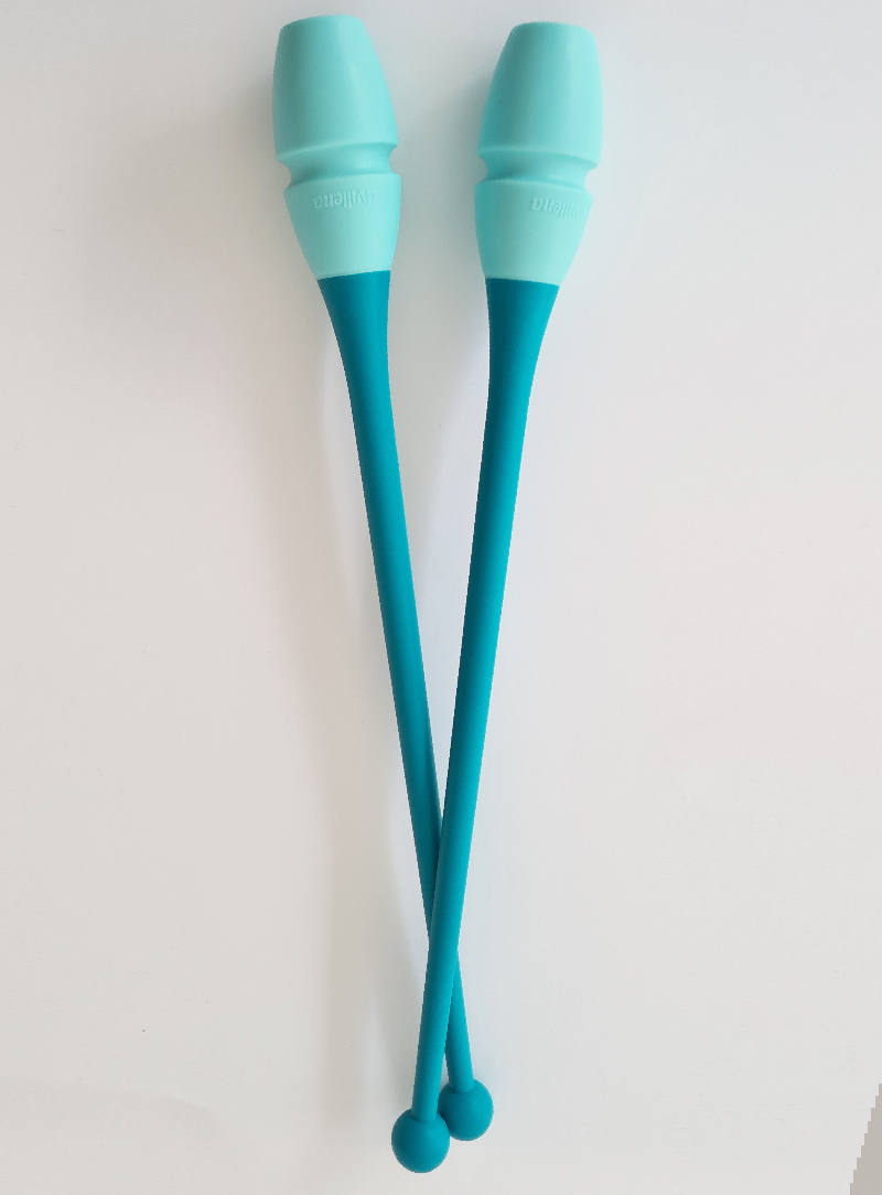 Mazas de gimnasia rítmica engarzables azul turquesa y menta para competición y entrenamiento.