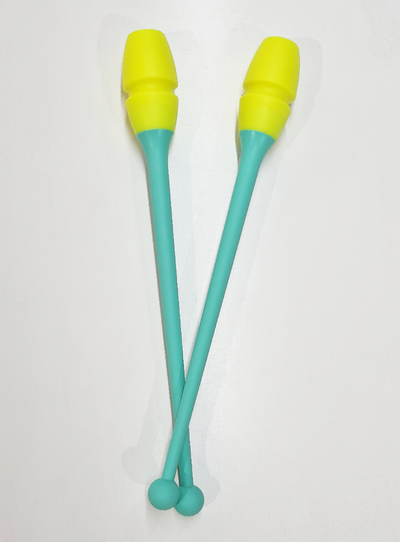 Rhythmic gymnastics connectable clubs mint and yellow for gymnastics.