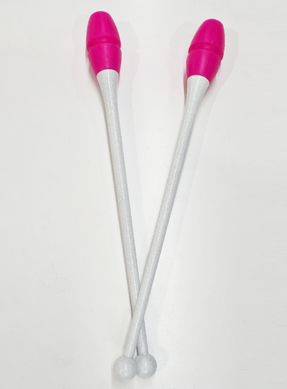 Mazas de gimnasia rítmica 45cm blanco glitter y fucsia engarzables