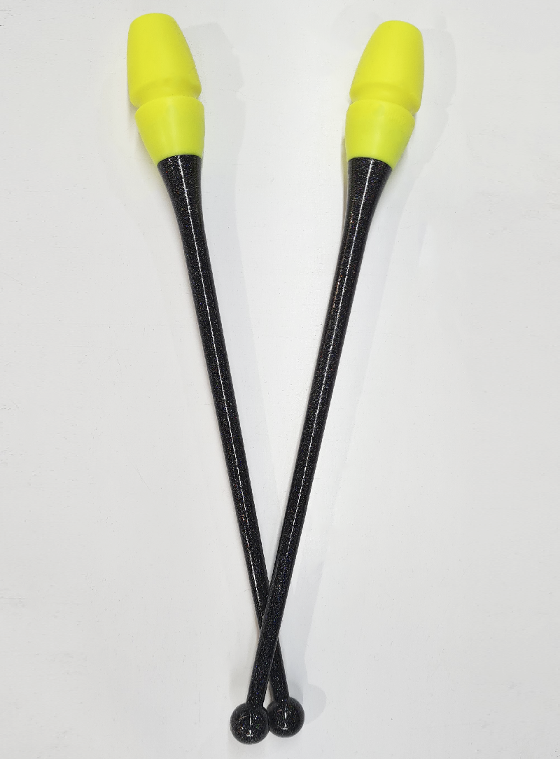 Mazas de gimnasia rítmica 45cm negro glitter y amarillo engarzables