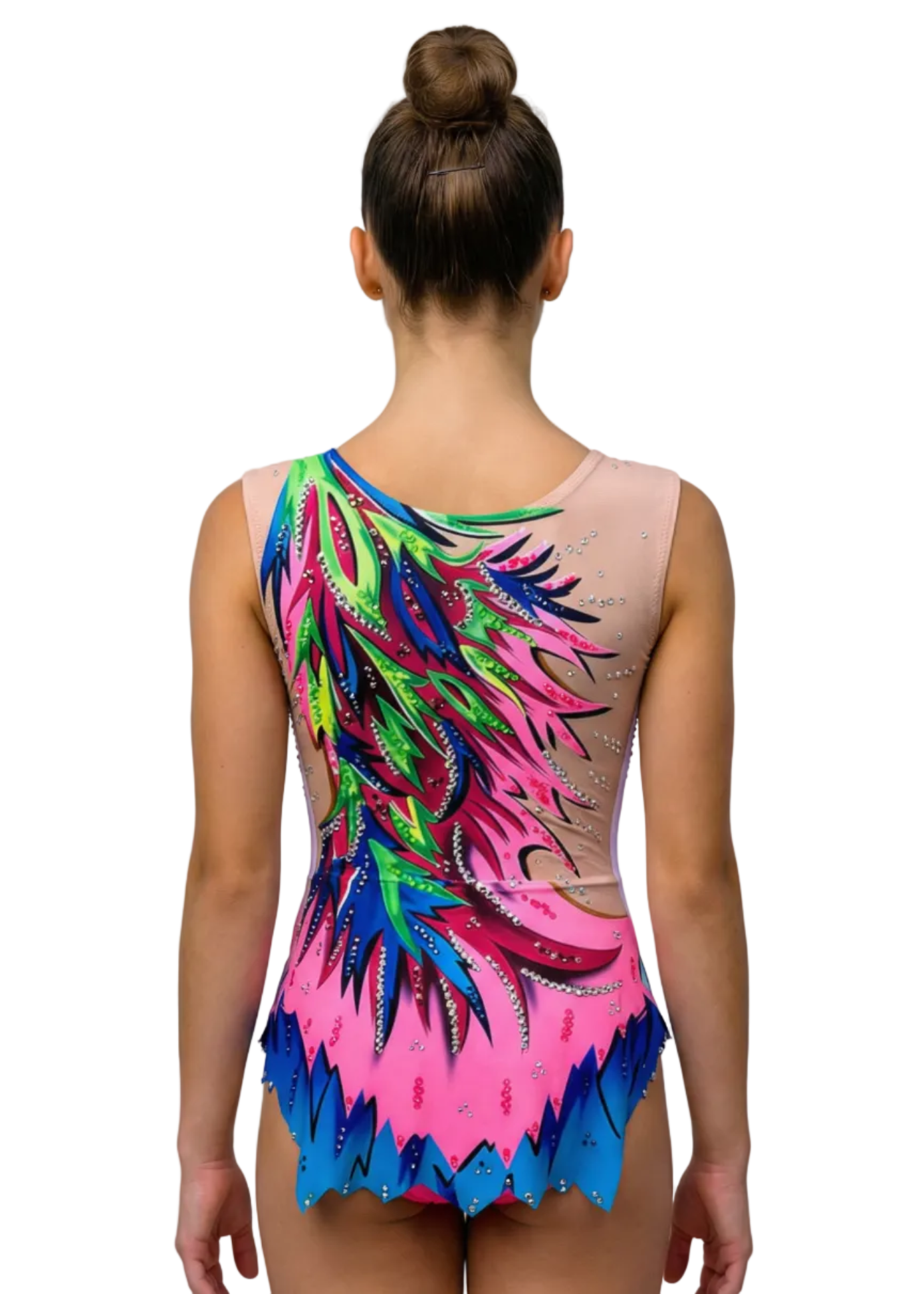 Justaucorps de gymnastique rythmique en rose et bleu avec touches vertes, strass abondants et motifs flammés créant un style vibrant.

Justaucorps de gymnastique rythmique de couleur claire avec roses intenses, détails verts et bleus, strass et design flammé d'aspect dynamique.

Justaucorps de gymnastique rythmique vu de dos sur base claire avec roses, verts et bleus, strass dispersés et motifs flammés fluides.