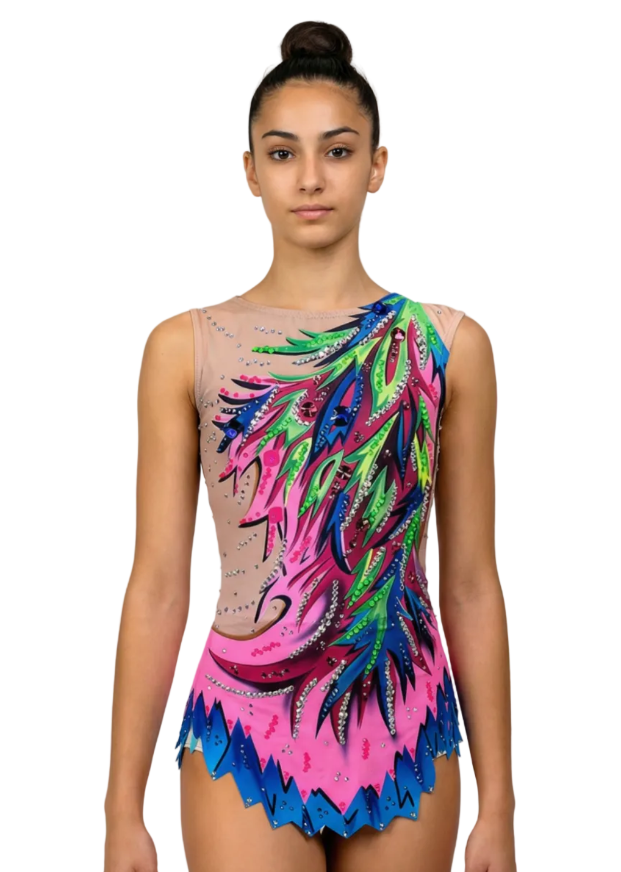 Justaucorps de gymnastique rythmique en rose et bleu avec touches vertes, strass abondants et motifs flammés créant un style vibrant.

Justaucorps de gymnastique rythmique de couleur claire avec roses intenses, détails verts et bleus, strass et design flammé d'aspect dynamique.

Justaucorps de gymnastique rythmique vu de dos sur base claire avec roses, verts et bleus, strass dispersés et motifs flammés fluides.