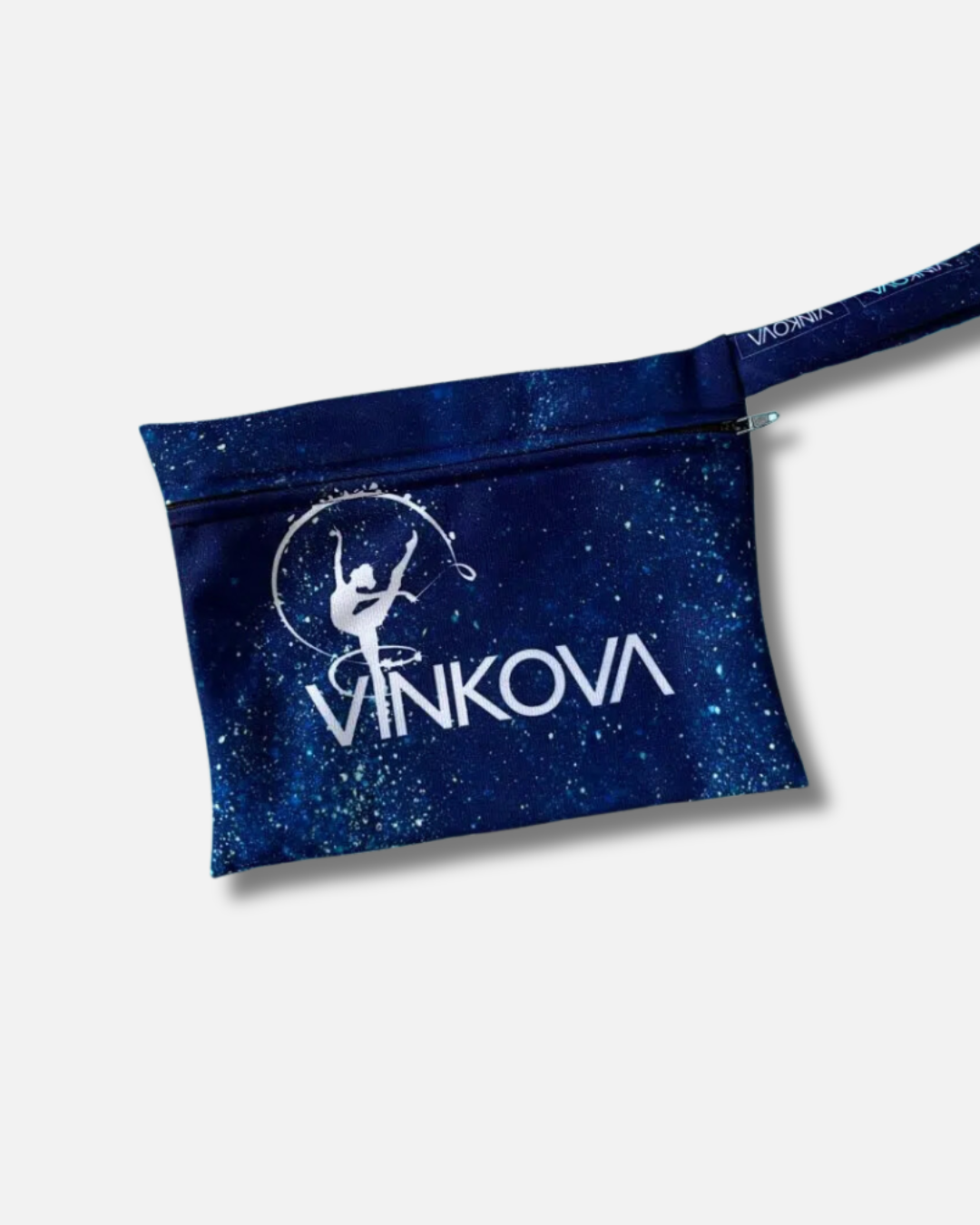 Trousse bleu foncé Vinkova avec dessin de gymnaste, zip et dragonne.