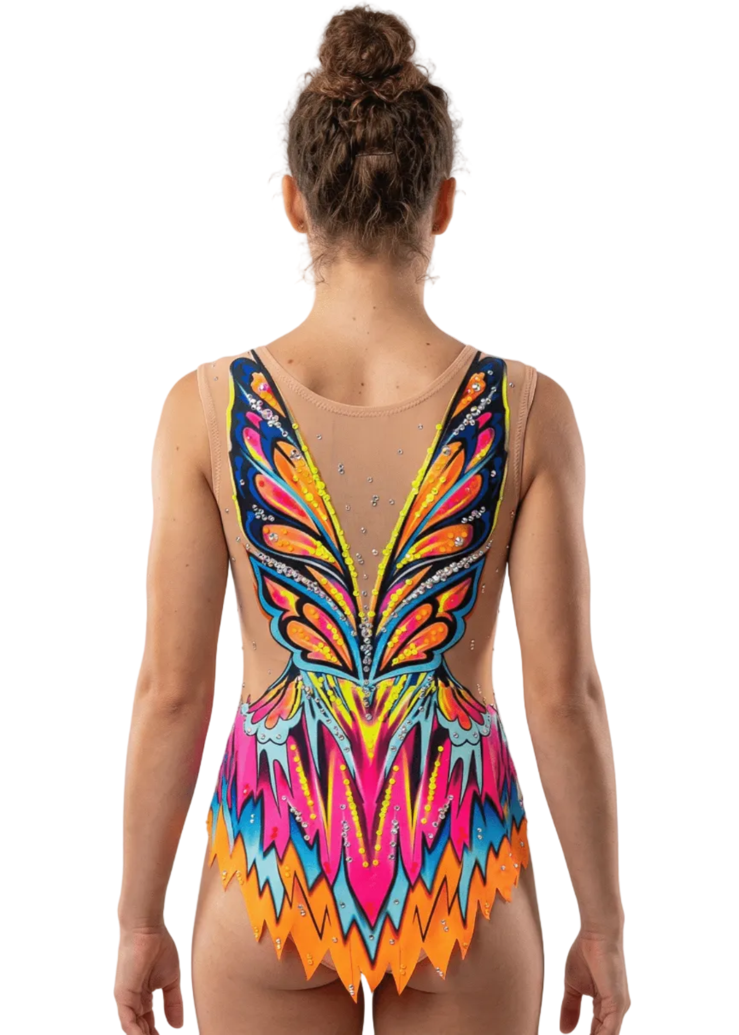 Maillot de gimnasia rítmica multicolor con rosa, azul y naranja, pedrería brillante, transparencias y diseño posterior simétrico tipo alas vibrantes.
Maillot rítmico en tonos neón y azules con pedrería abundante, transparencias suaves y patrón posterior dinámico de formas ascendentes.
Maillot de gimnasia rítmica multicolor con detalles transparentes, pedrería fina y estilo posterior vibrante inspirado en alas estilizadas.