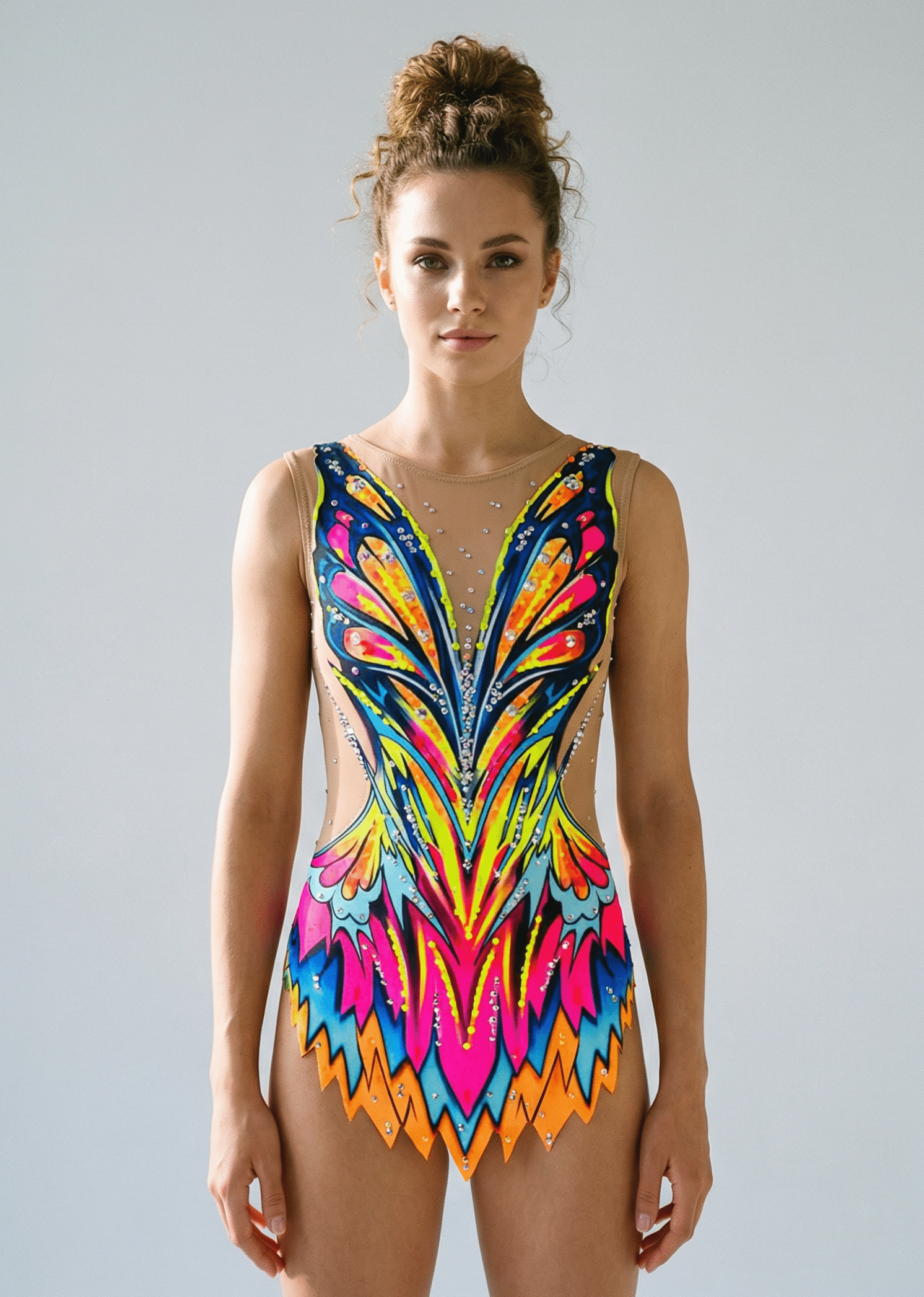 Maillot de gimnasia rítmica multicolor con rosa, azul y amarillo neón, transparencias laterales, pedrería brillante y diseño frontal simétrico vibrante.
Maillot rítmico en tonos neón y azul con pedrería abundante, transparencias laterales y estilo frontal dinámico de formas afiladas.
Maillot de gimnasia rítmica multicolor con detalles transparentes, pedrería fina y patrón frontal energético de líneas ascendentes.