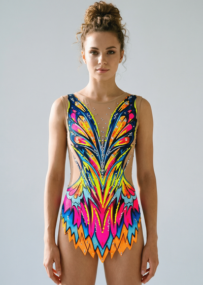 Maillot de gimnasia rítmica multicolor con rosa, azul y amarillo neón, transparencias laterales, pedrería brillante y diseño frontal simétrico vibrante.
Maillot rítmico en tonos neón y azul con pedrería abundante, transparencias laterales y estilo frontal dinámico de formas afiladas.
Maillot de gimnasia rítmica multicolor con detalles transparentes, pedrería fina y patrón frontal energético de líneas ascendentes.