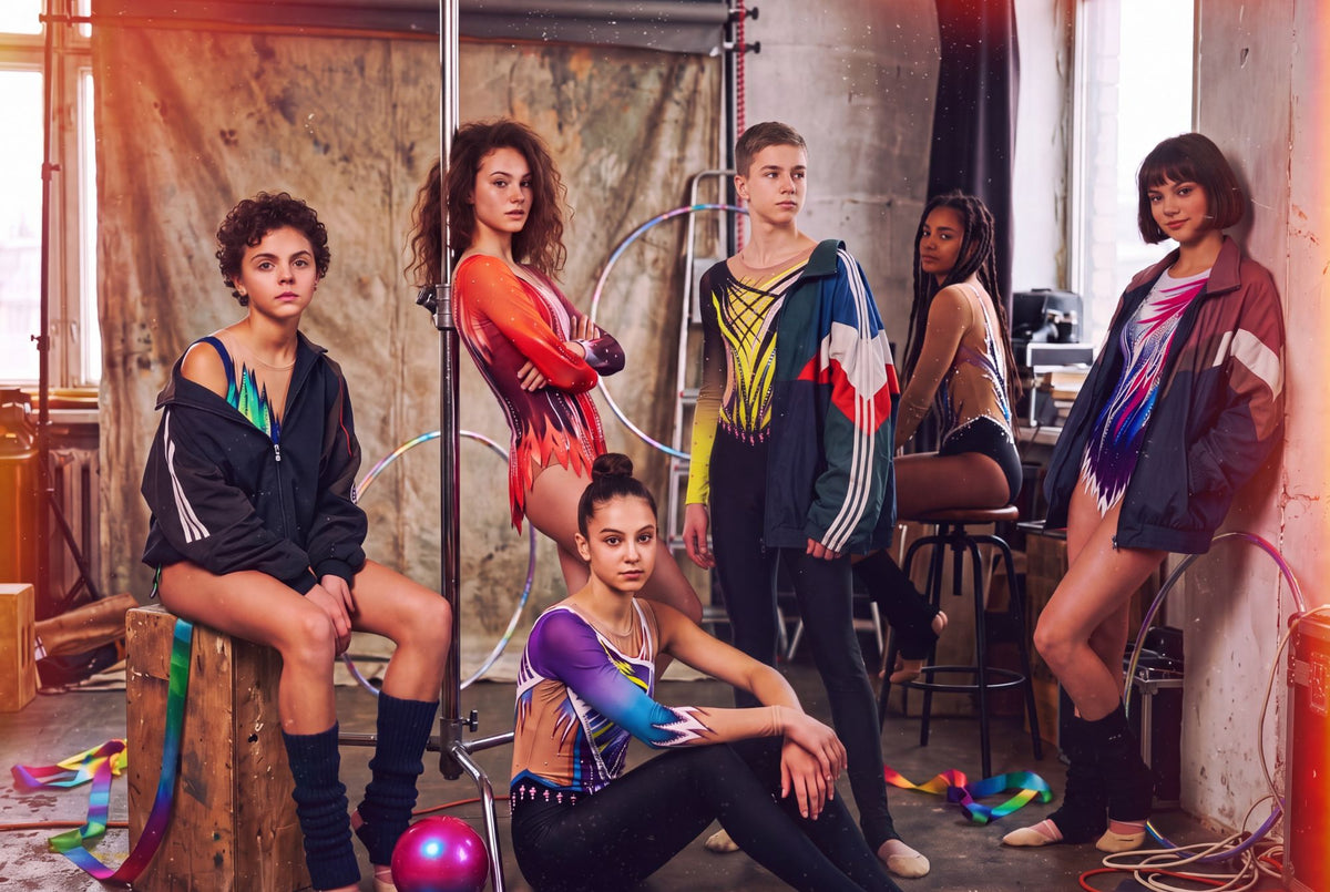 Gimnastas de rítmica de Vinkova en un estudio: un gimnasta con buzo amarillo y negro y chicas con maillots de colores, aros, cintas y pelota