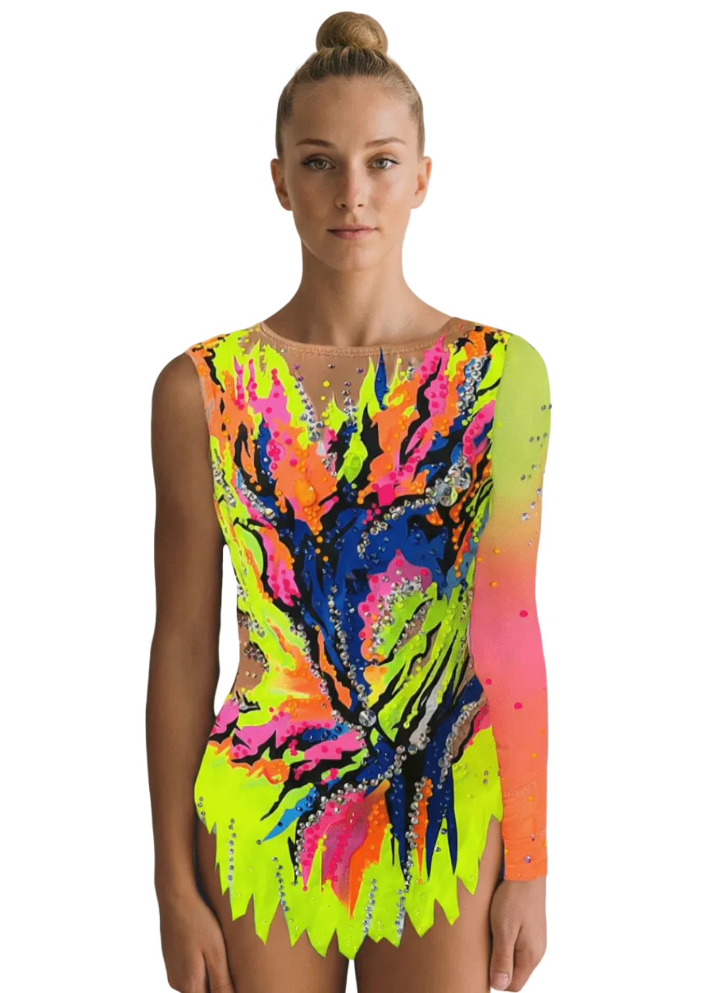 Maillot de gimnasia rítmica neón multicolor con pedrería abundante, transparencias tono piel y una manga larga degradada en estilo explosivo.
Maillot rítmico en tonos neón con azul intenso, pedrería brillante, transparencias tono piel y falda recortada de diseño vibrante.
Espalda de maillot rítmico neón multicolor con pedrería dispersa, transparencias tono piel y formas dinámicas de estilo llamativo