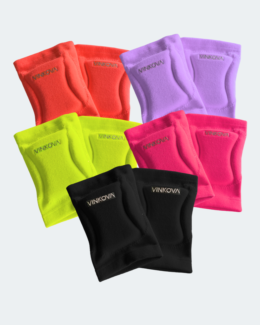 Rodilleras de gimnasia rítmica Vinkova en amarillo flúor, rosa flúor, negro, lila y coral flúor, vistas por pares.