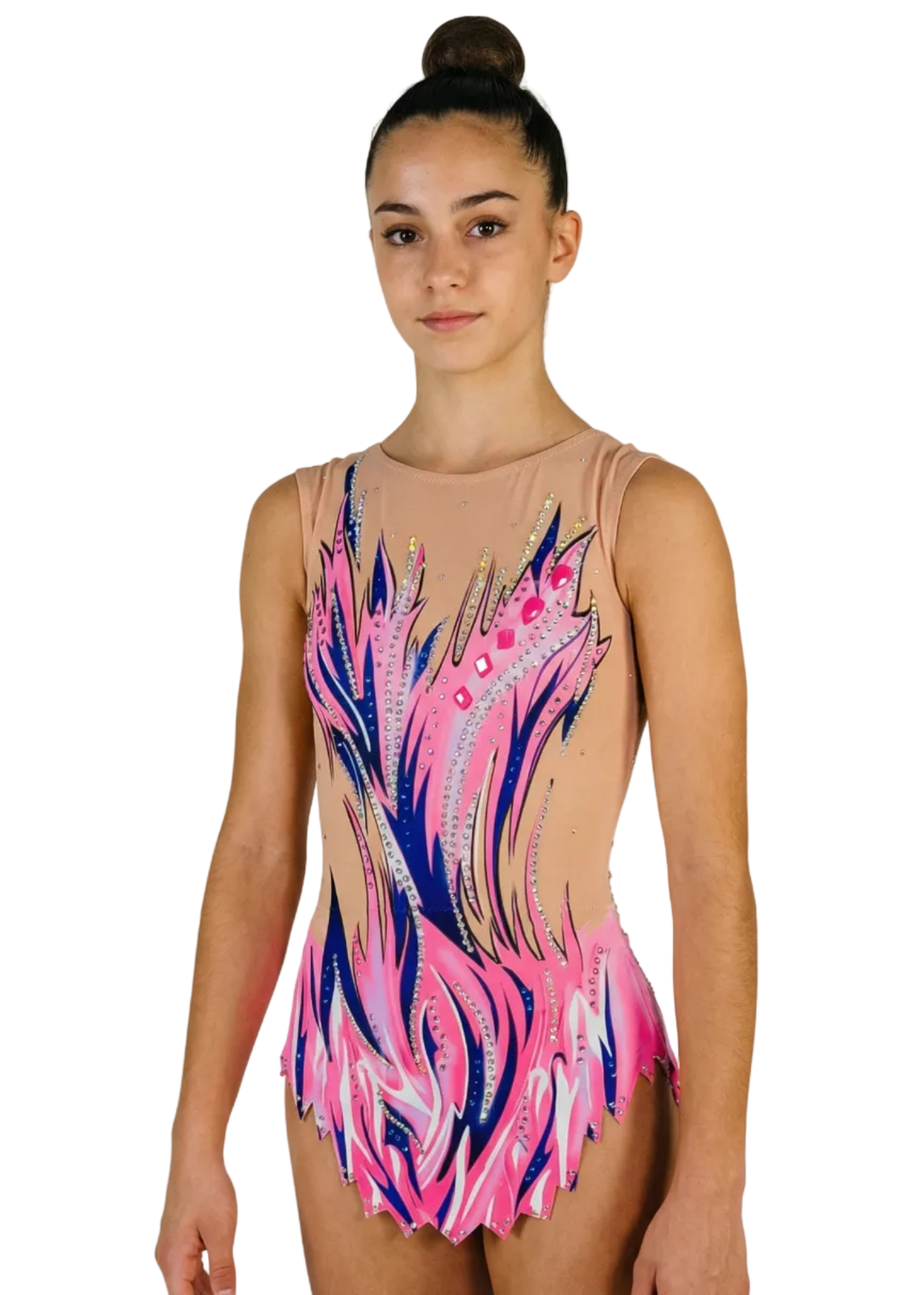 Justaucorps de gymnastique rythmique en rose et bleu avec dégradés, strass fins et motifs flammés créant un style vibrant.

Justaucorps de gymnastique rythmique de couleur claire avec roses intenses, éclats bleus, strass brillants et design flammé d'aspect dynamique.

Justaucorps de gymnastique rythmique vu de dos sur base claire avec roses et bleus, strass subtils et motifs flammés fluides.