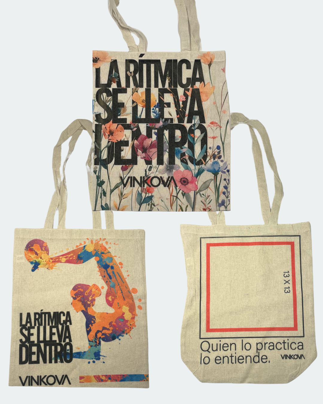 Sacs cabas Vinkova à longues anses, motifs de gymnaste, fleurs et slogans imprimés.
