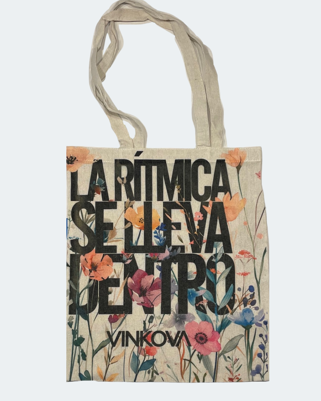 Sac cabas Vinkova fleuri avec la devise espagnole de la marque, vue complète.