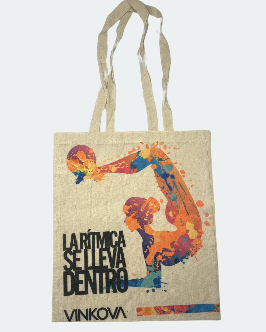 Sac cabas Vinkova avec gymnaste orange et slogan noir, vue complète.