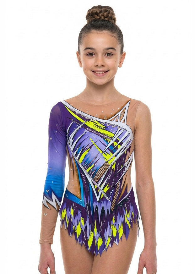 Maillot de gimnasia rítmica de competición asimétrico en tonos violetas, amarillos y azules con strass.