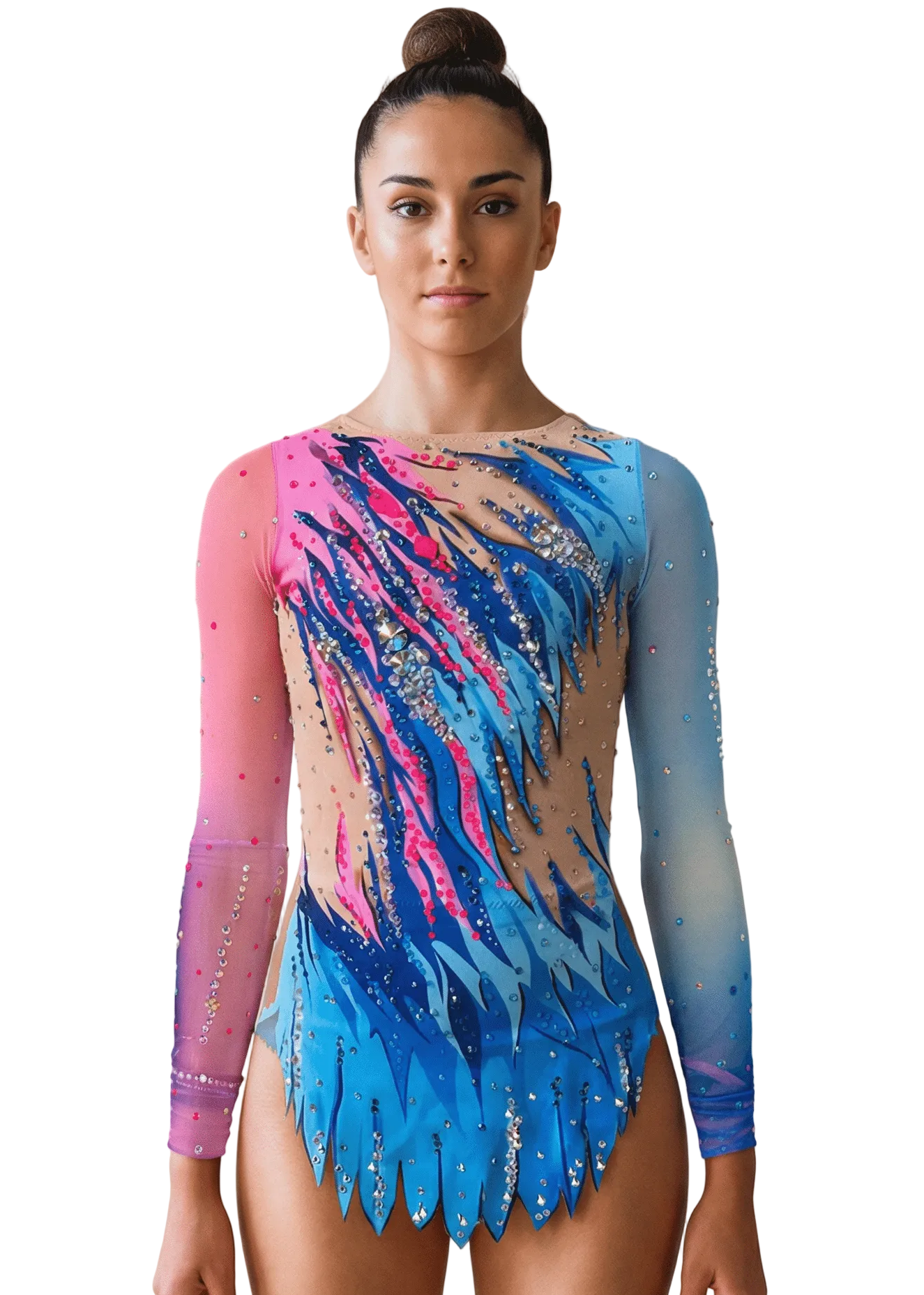 Maillot rítmico rosa y azul con degradados, transparencias tono piel, pedrería brillante y mangas largas en un estilo dinámico.
Maillot de gimnasia azul y rosa con efectos flameados, pedrería abundante, mangas degradadas y transparencias tono piel de estilo vibrante.
Espalda del maillot rítmico en azules y rosas con degradados fluidos, pedrería dispersa y transparencias tono piel de acabado elegante.