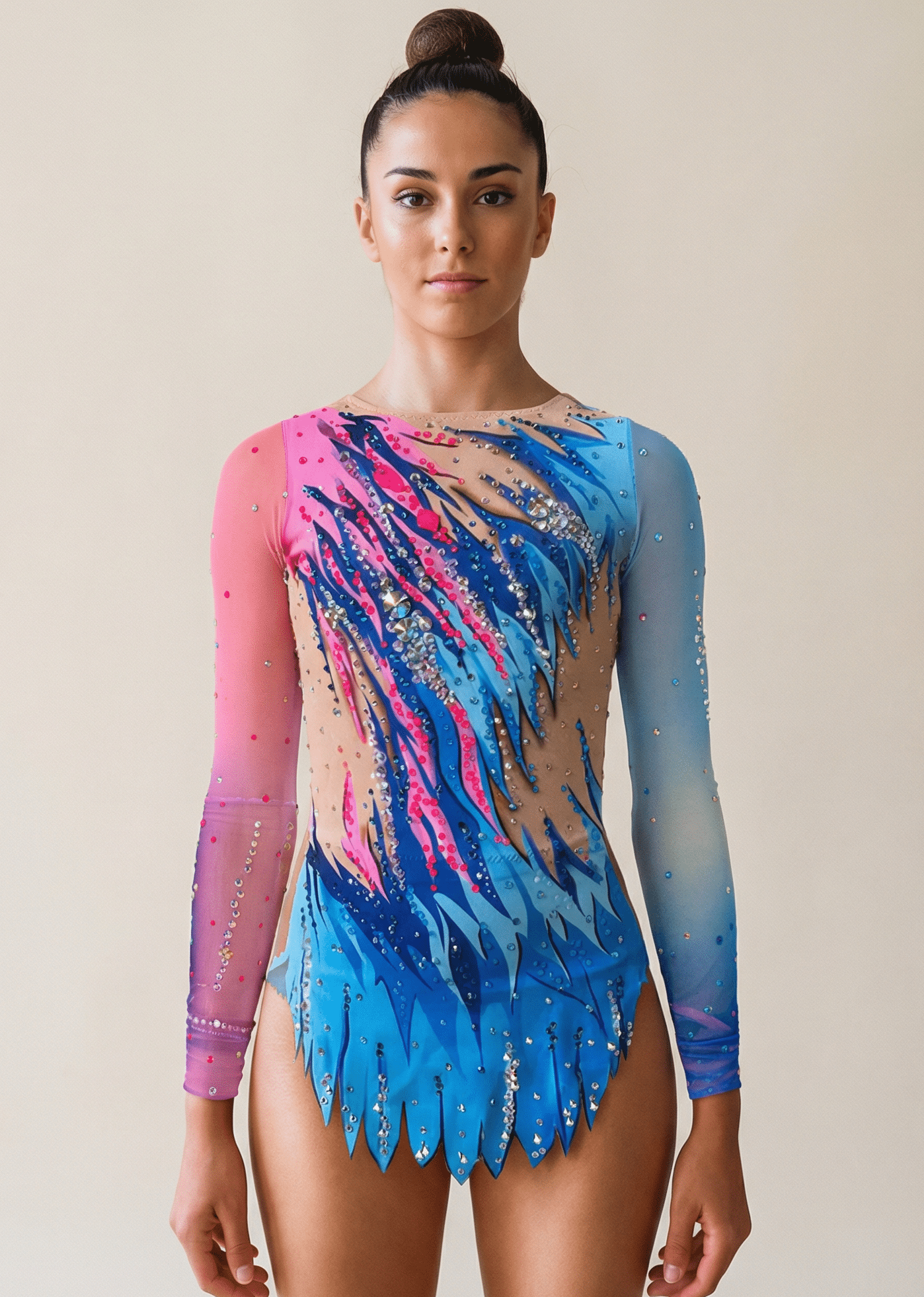 Maillot rítmico rosa y azul con degradados, transparencias tono piel, pedrería brillante y mangas largas en un estilo dinámico.
Maillot de gimnasia azul y rosa con efectos flameados, pedrería abundante, mangas degradadas y transparencias tono piel de estilo vibrante.
Espalda del maillot rítmico en azules y rosas con degradados fluidos, pedrería dispersa y transparencias tono piel de acabado elegante.