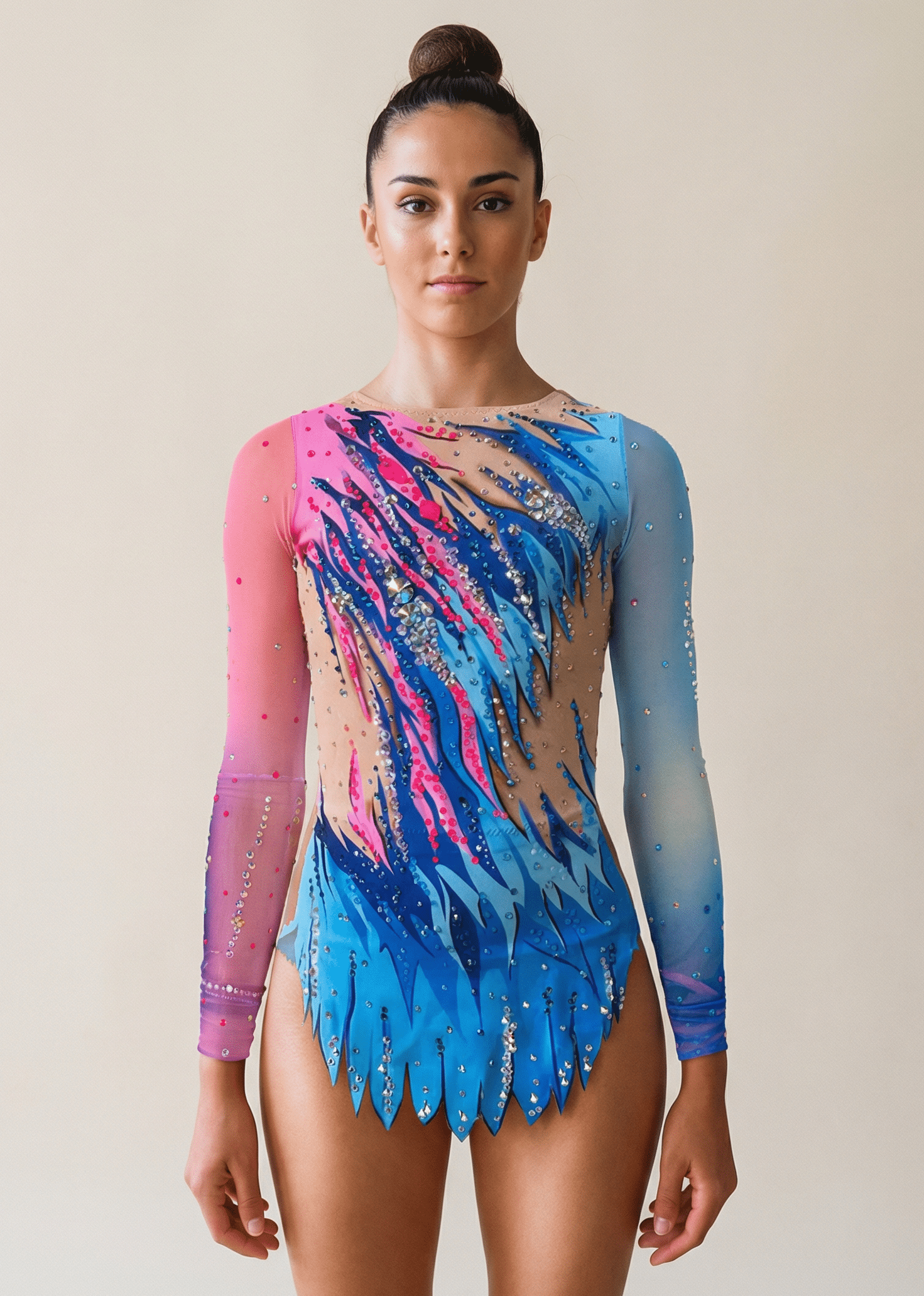 Maillot rítmico rosa y azul con degradados, transparencias tono piel, pedrería brillante y mangas largas en un estilo dinámico.
Maillot de gimnasia azul y rosa con efectos flameados, pedrería abundante, mangas degradadas y transparencias tono piel de estilo vibrante.
Espalda del maillot rítmico en azules y rosas con degradados fluidos, pedrería dispersa y transparencias tono piel de acabado elegante.